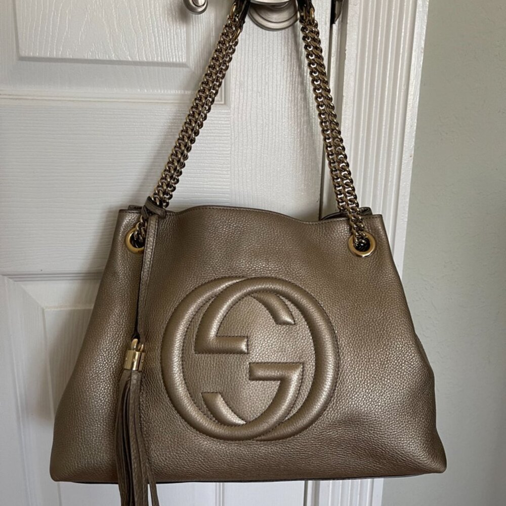 Auth GUCCI Tote Bag Soho Chain GG GOLD Leather Hand Bag